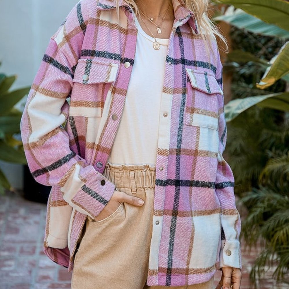 3 for $20 - SHEIN - Oversized Pink Plaid Shaket